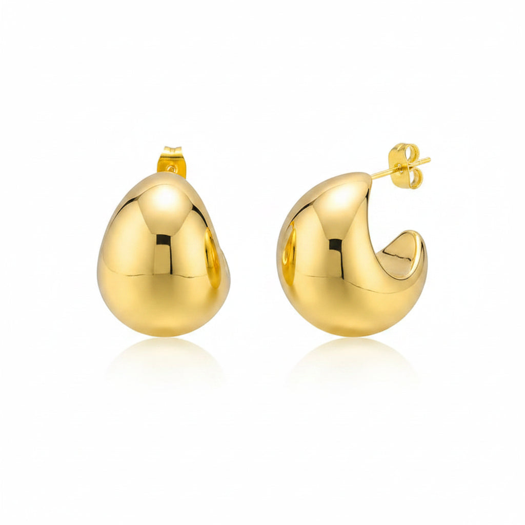 Gold hoop earrings with measurements and material details on a white background