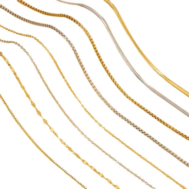 Collection of men's gold plated necklace chains in various styles and designs by metal content