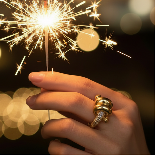 A hand holding a glowing sparkler at night, with warm golden bokeh lights blurred in the background and a gold ring on the finger.