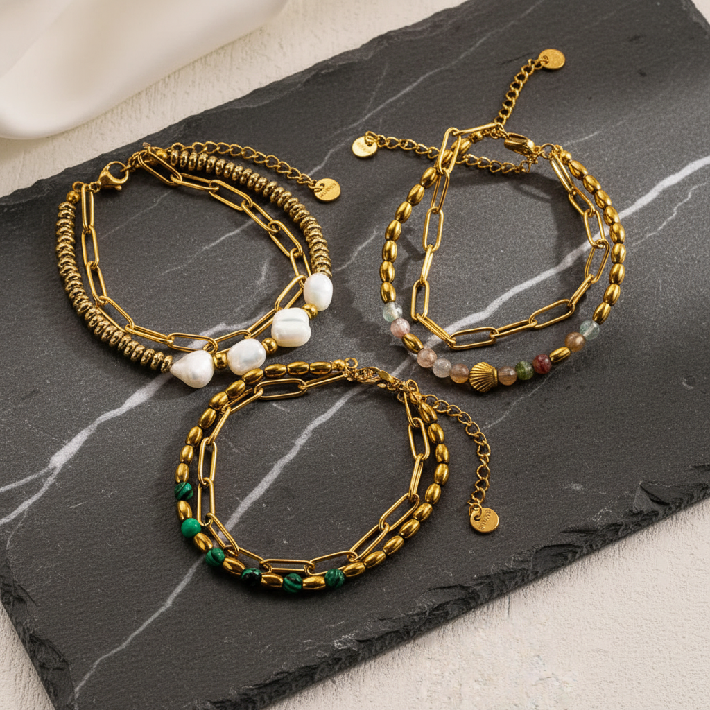 Beach Club Natural Stone Hematite Link Bracelet - 18K Gold Plated Stainless Steel