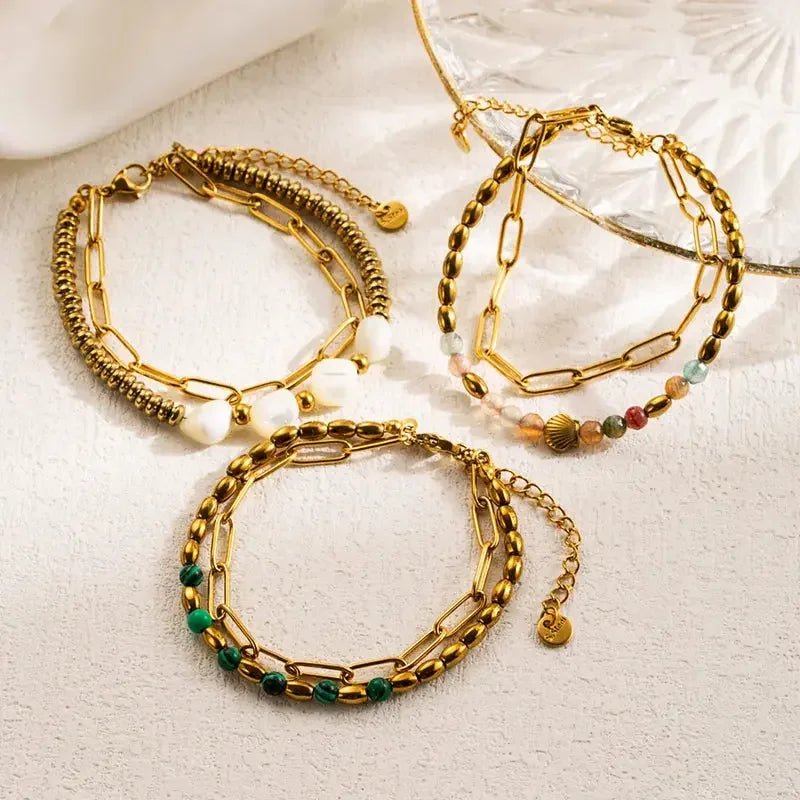 Metal content stainless steel link bracelet sets with gold finish and colorful beads for stylish jewelry