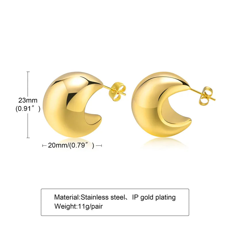 Gold hoop earrings with measurements and material details on a white background