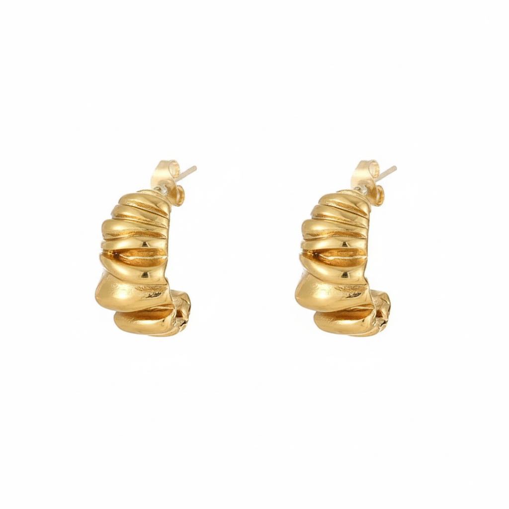 gold c shape stud earrings on a white background