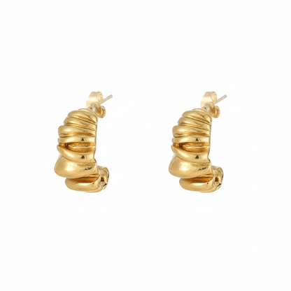 gold c shape stud earrings on a white background