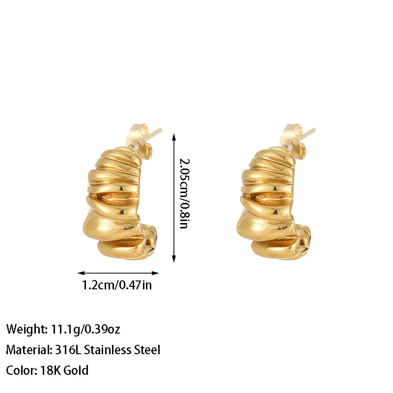 gold c shape stud earrings on a white background with measurements
