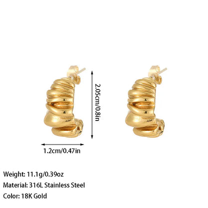 gold c shape stud earrings on a white background with measurements