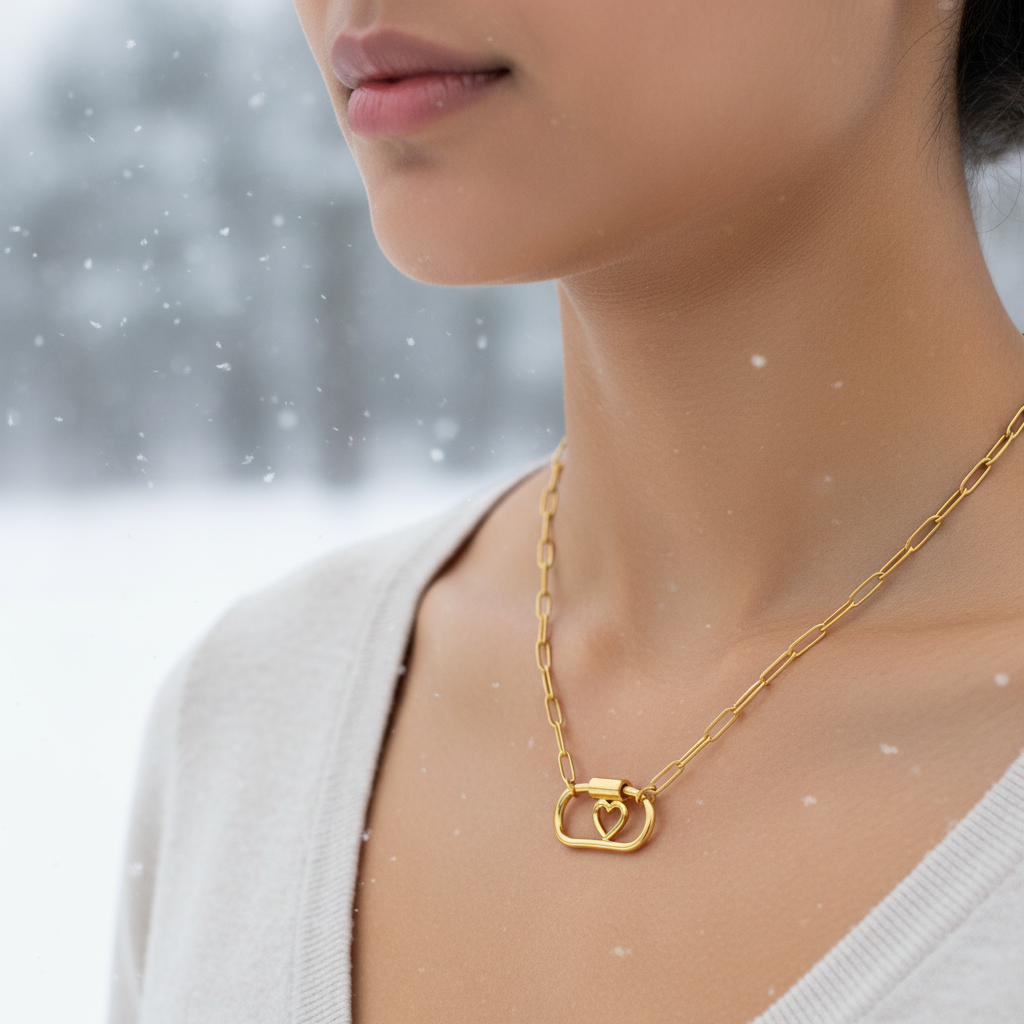 Gold necklace with a heart carabiner pendant worn by a person in a snowy background