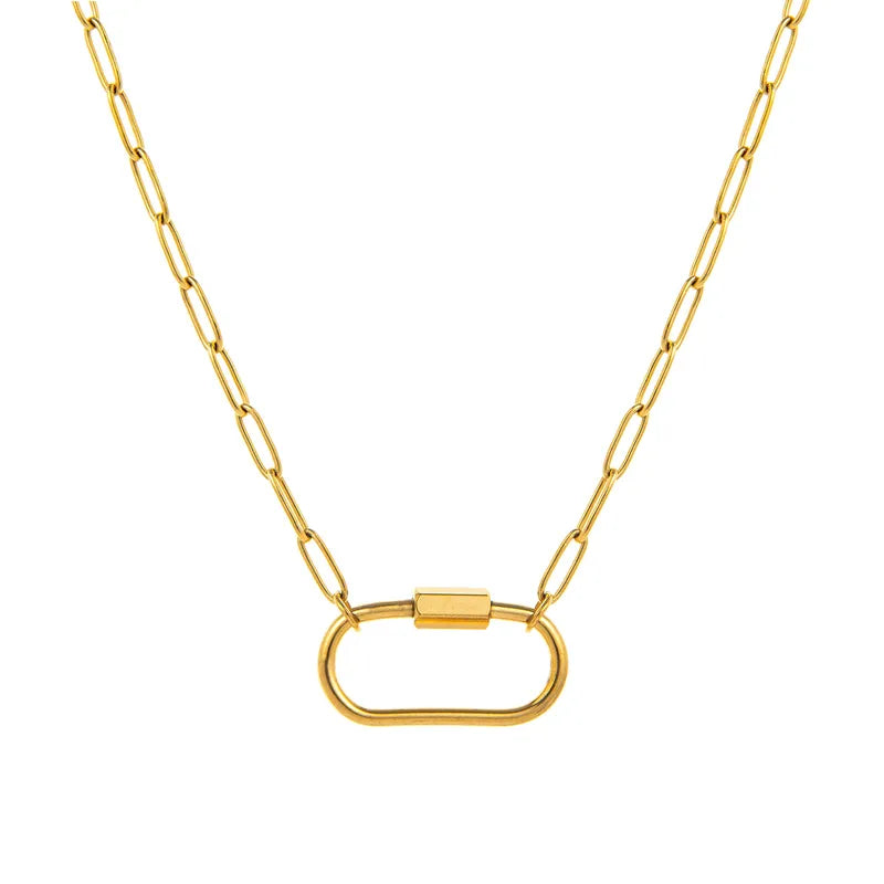 Gold chain necklace with a carabiner clasp on a white background