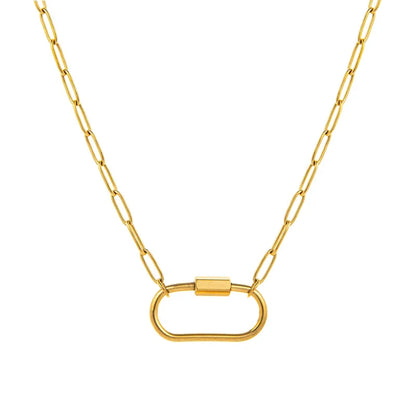 Gold chain necklace with a carabiner clasp on a white background