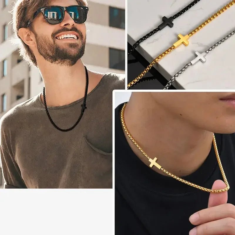 18K gold plated stainless steel necklace for men with cross pendant available in gold silver and black