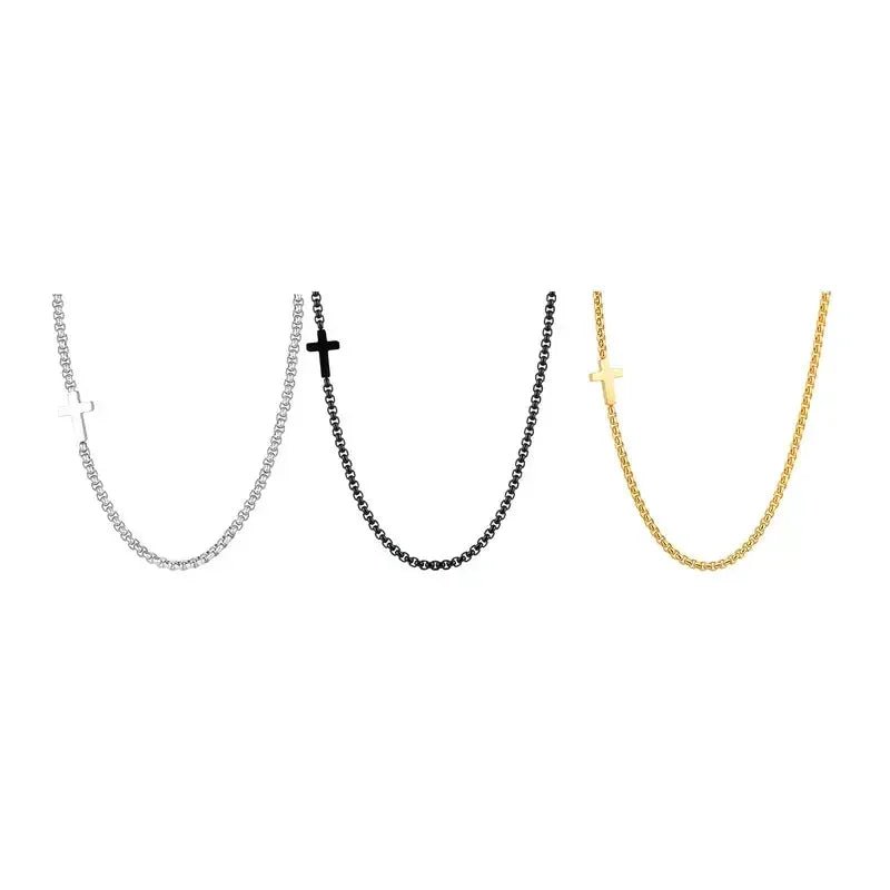 Set of 18K gold plated stainless steel necklace for men in silver black and gold with cross pendants