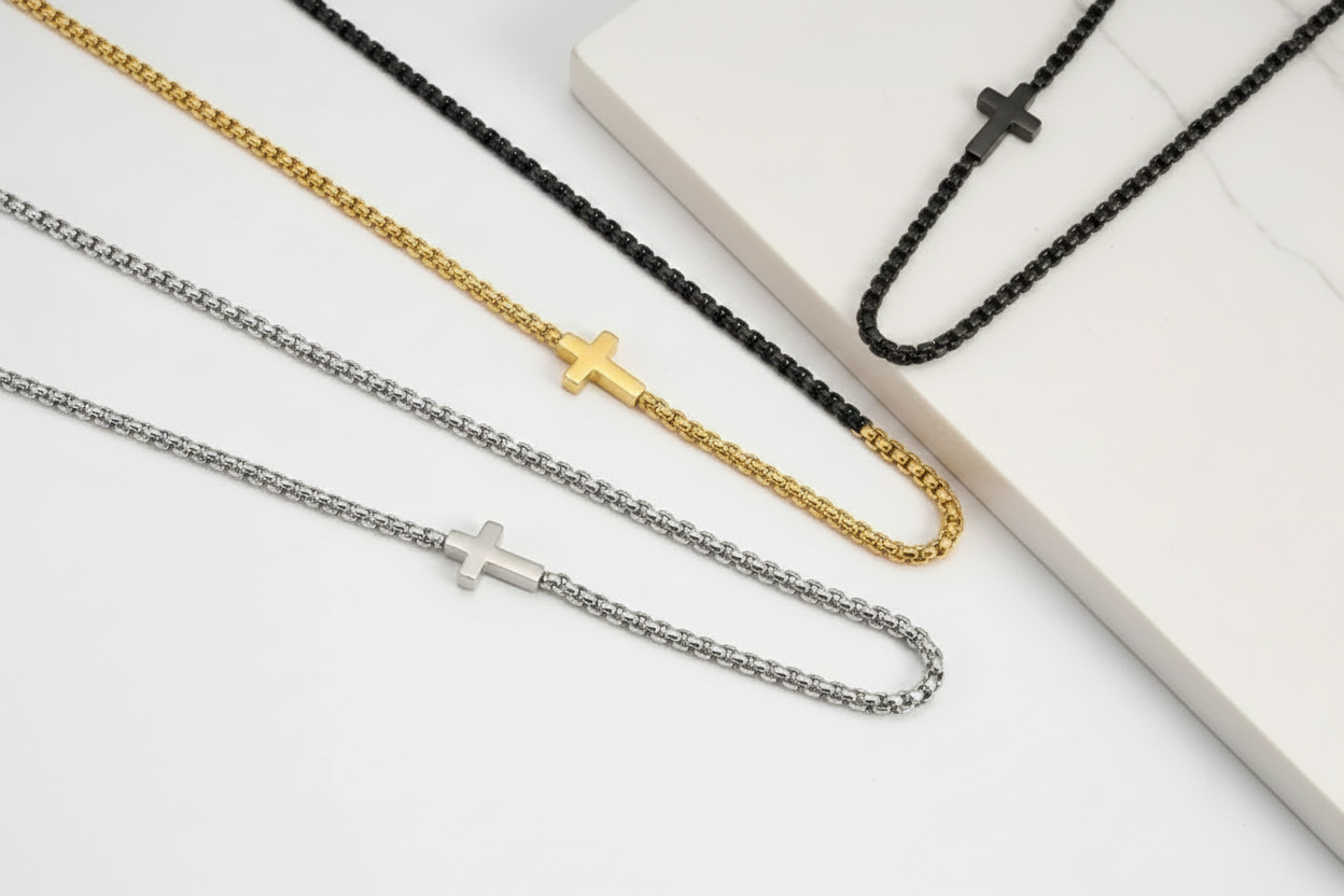 Men's Necklace 18K Gold Plated Stainless Steel Side Cross