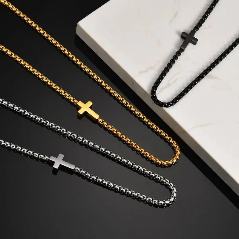 18K gold plated stainless steel necklace for men featuring cross pendant in gold, black, and silver finishes