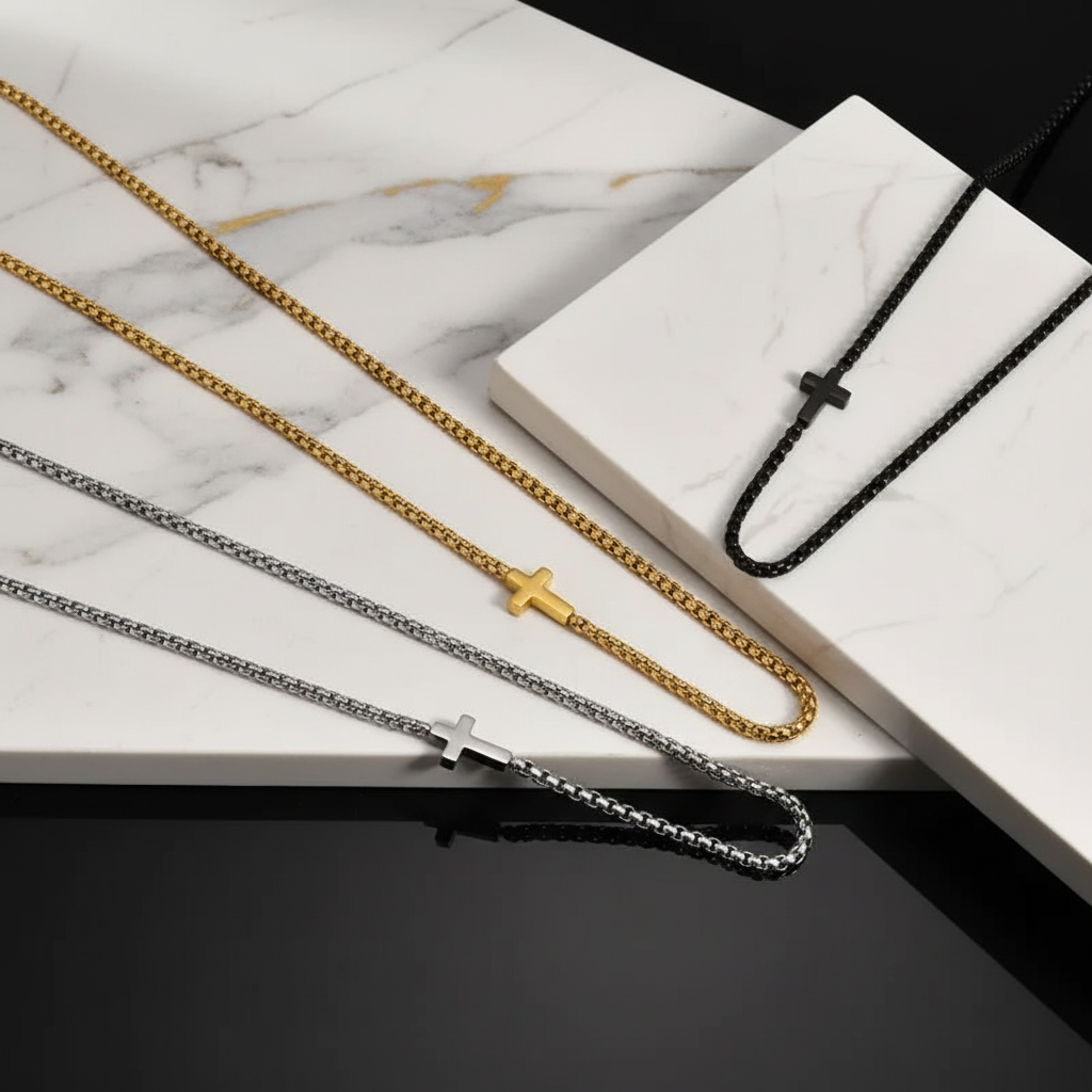 Men's Necklace 18K Gold Plated Stainless Steel Side Cross - metal content