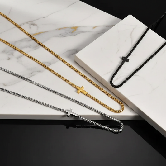Men's Necklace 18K Gold Plated Stainless Steel Side Cross - metal content