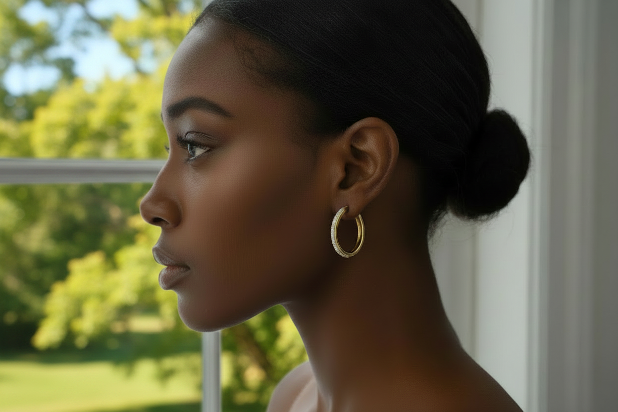 gold rhinestone hoop earring on ear of person with snow falling outside window in background