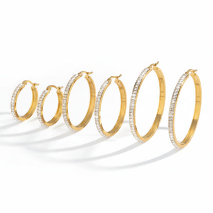 Set of 3 gold rhinestone hoops, small medium and large on white background
