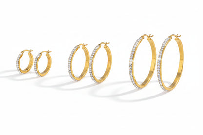 Set of 3 gold rhinestone hoops, small medium and large on white background with measurements