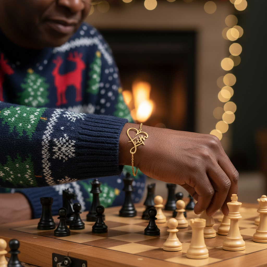 Person playing chess with a festive sweater and gold 'faith' bracelet, blurred lights in the background