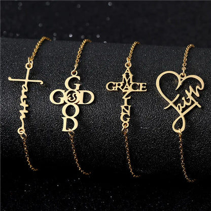 Four gold bracelets with religious-themed pendants on a black background