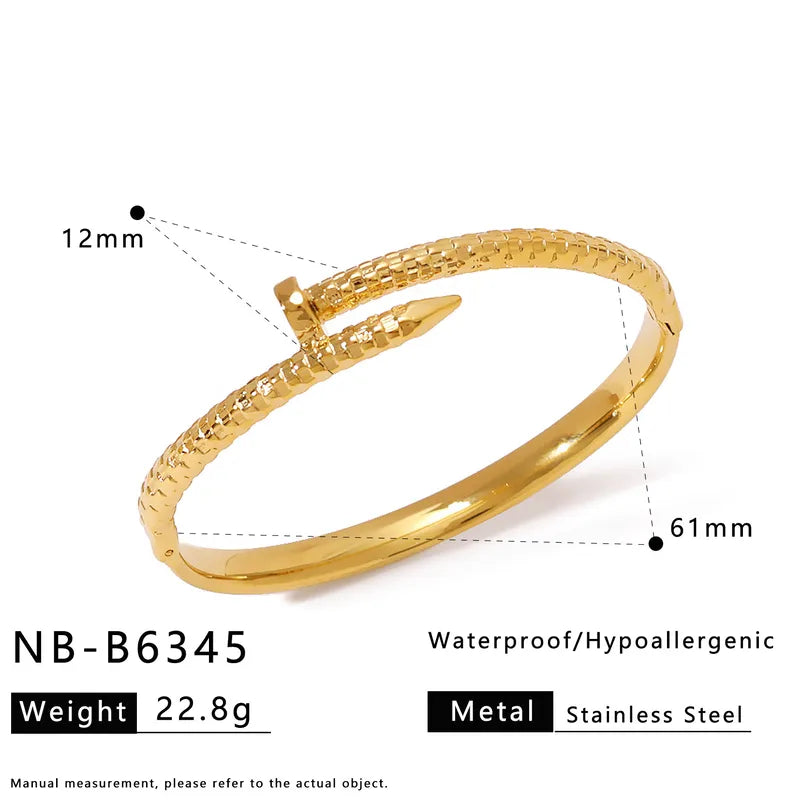 Gold bracelet with measurements and product details on a white background