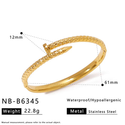 Gold bracelet with measurements and product details on a white background