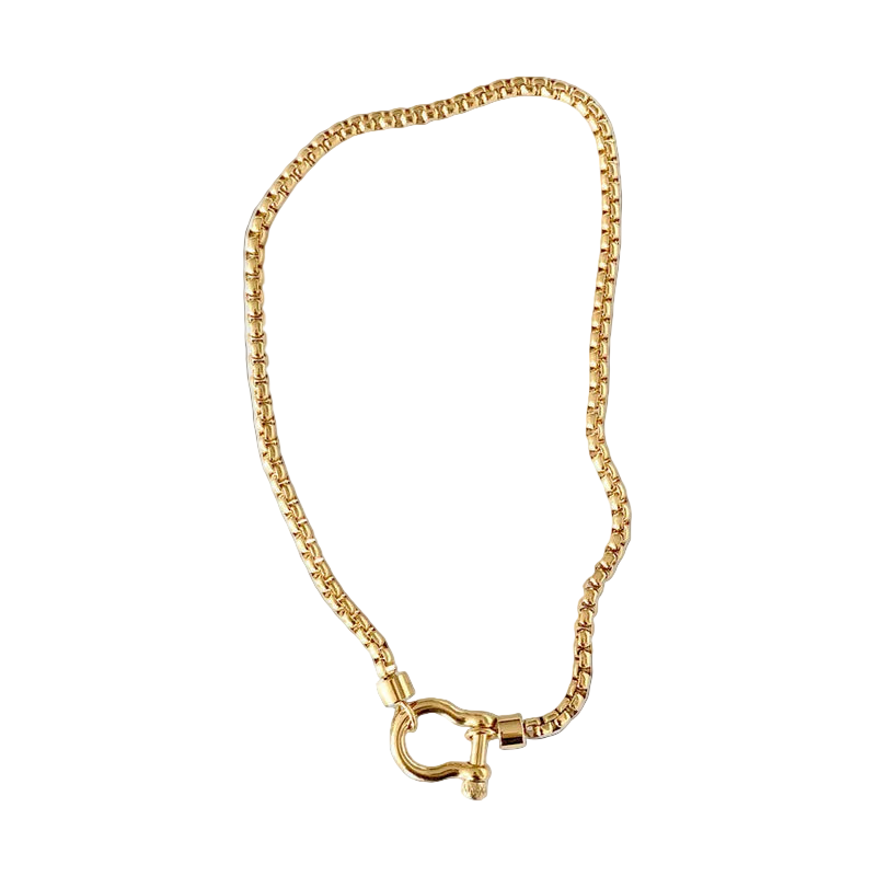 Gold necklace with horseshoe lock pendant on a white background