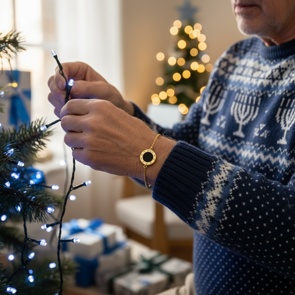 Person decorating with lights, wearing a Hanukkah sweater and black circular charm bracelet with gift boxes and tree in blurred background