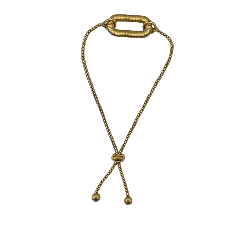 Gold adjustable carabiner bracelet on a white background