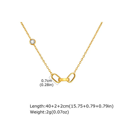 Gold necklace with a dainty 3 interlocked links pendant on a white background with measurements.