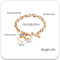 Rose gold bracelet with chain length, clasp type, weight, and material details on a white background.