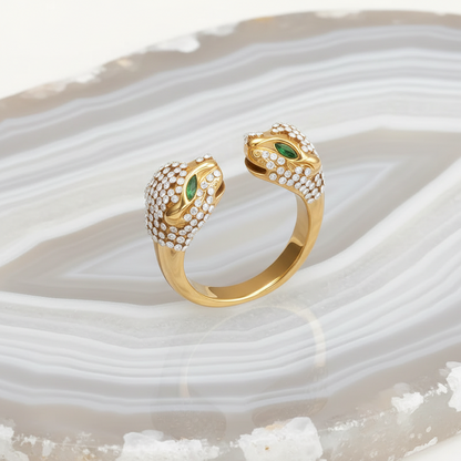 Women's Ring - Double Panther Head with Inlay Stones Open Ring - metal content