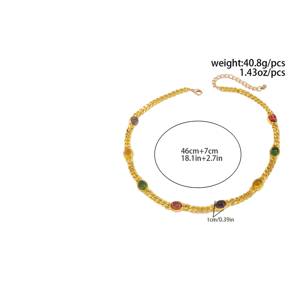 gold necklace with gemstones on white background with measurements