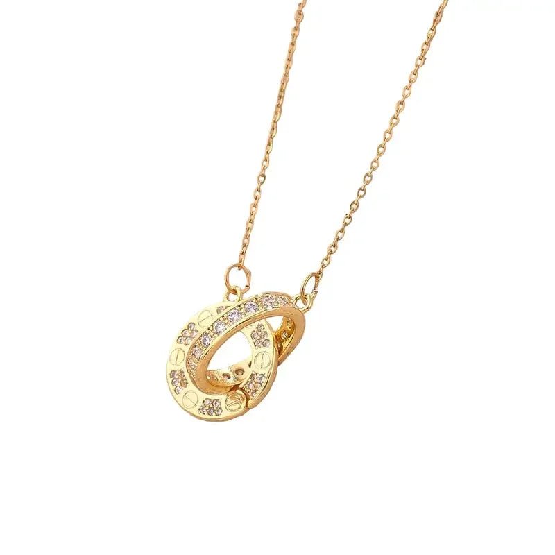 Gold double ring pendant necklace gift with embedded crystals on delicate chain by metal content