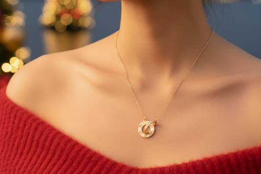 Woman wearing gold necklace with interlocking small gold rings and a red sweater with Christmas trees in the background