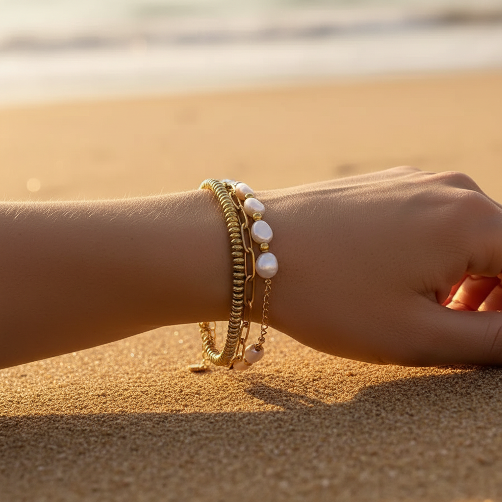 Pearl Chain Bracelet Women's Stainless Steel Link - metal content