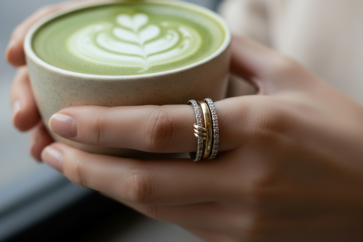 Person holding a cup of green matcha latte with latte art while wearing 3 ring linked gold and silver stacker ring with CZ accents