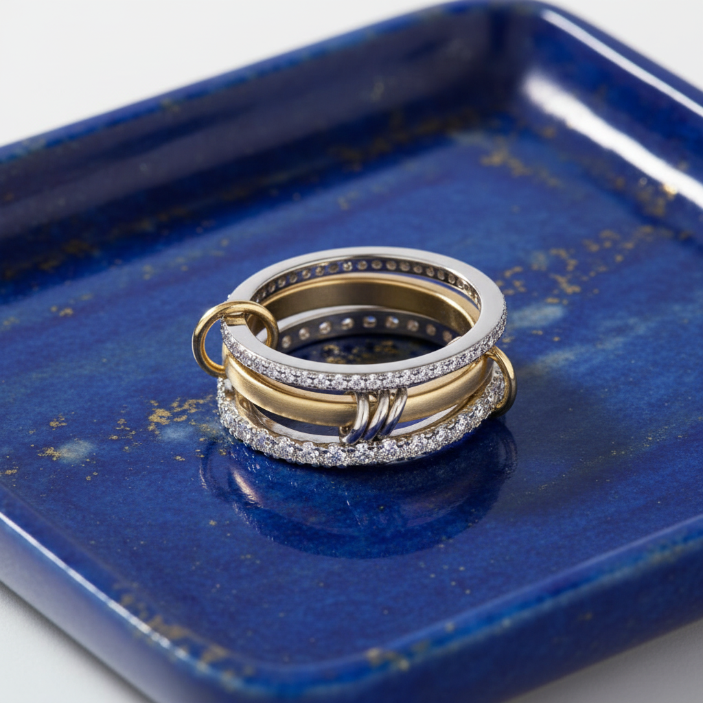 Women's Ring - Gold and Silver Titanium Steel with Zircon Linked Stacker Ring - metal content