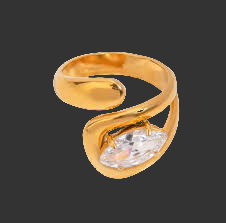 Gold ring with a horizontal clear marquis gemstone on a black background