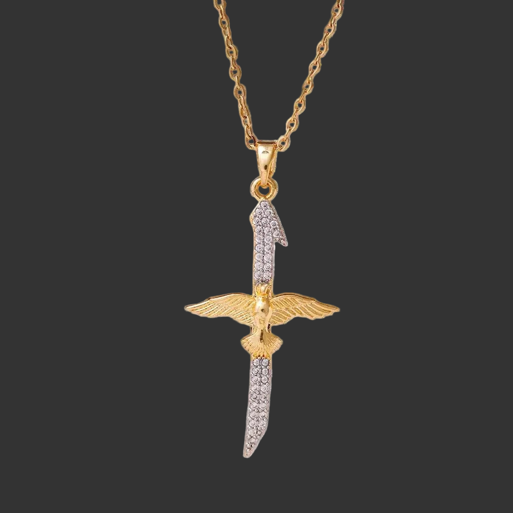 Men's Necklace Stainless Steel Dove Angel Cross on black background