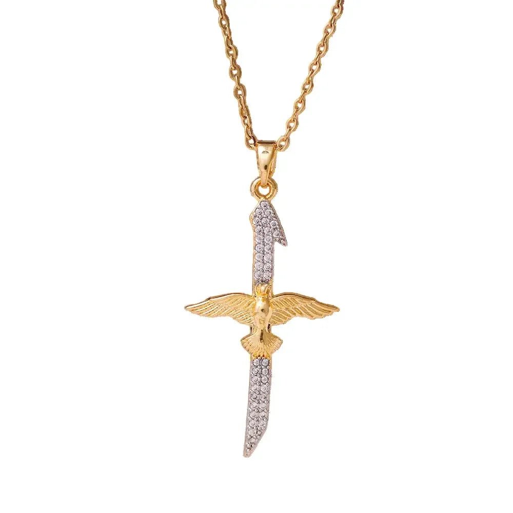 Men's Necklace Stainless Steel Dove Angel Cross on white background