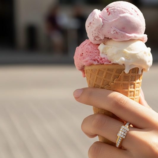 A hand holding a waffle cone with two scoops of ice cream, featuring a gold ring with small clear stones on the ring finger. The background is a softly blurred outdoor setting.