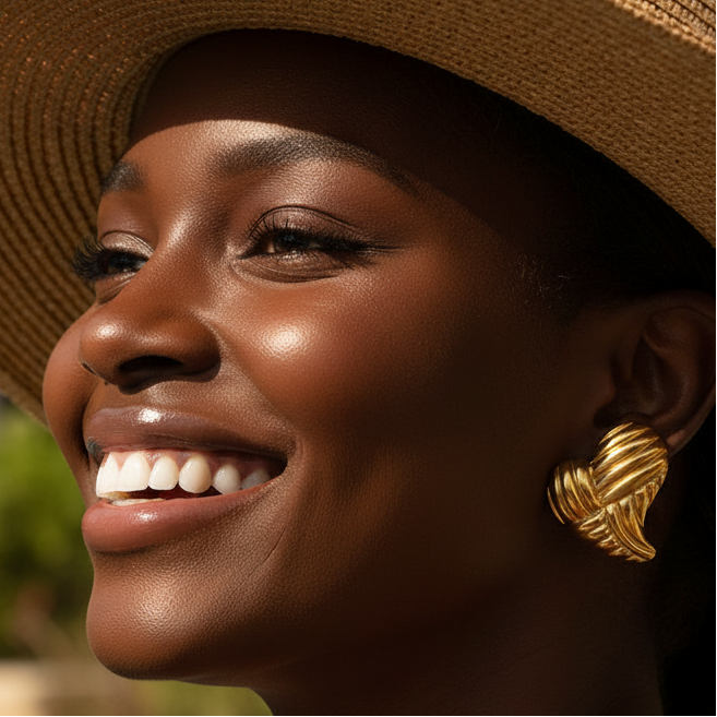 A close-up lifestyle shot of a smiling woman wearing a wide-brimmed straw hat and a textured gold heart-shaped earring, set against a blurred outdoor background.