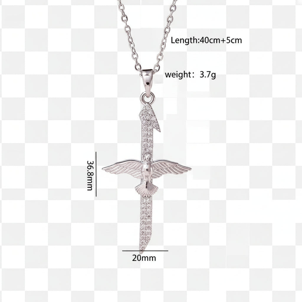 dove cross necklaces in silver with dimensions against gray checkered background