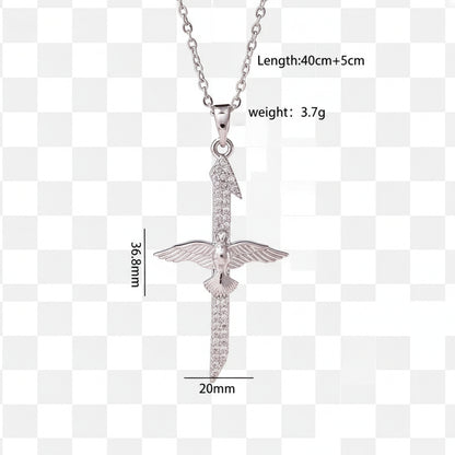dove cross necklaces in silver with dimensions against gray checkered background