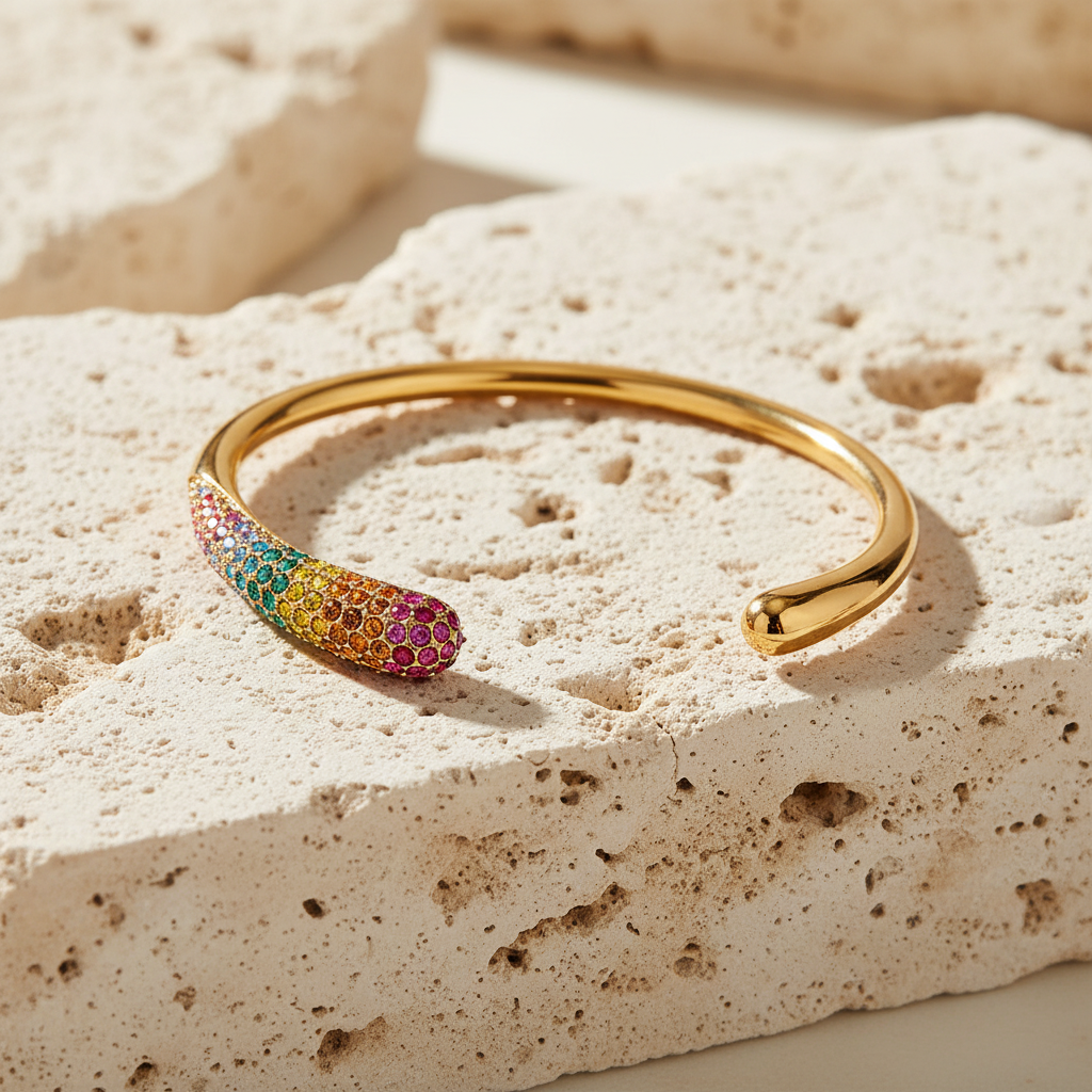18K Gold Plated Stainless Steel Vintage Style Vacation Rainbow Open Bangle - metal content