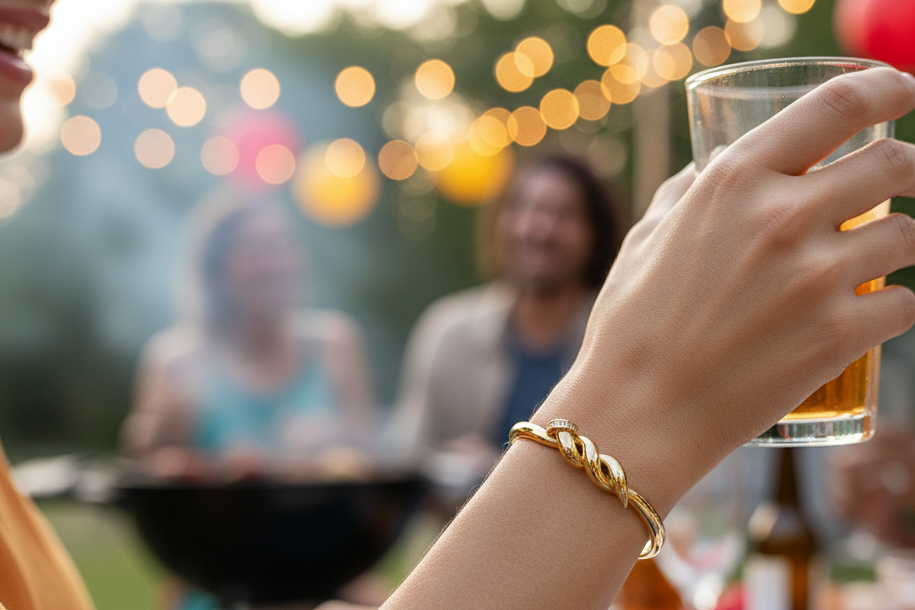 A close-up lifestyle shot of a woman at an outdoor barbecue holding a glass of beer, wearing a gold twisted nail rhinestone bracelet on her wrist. The background shows a blurred outdoor party scene with people, a grill, and warm string lights.