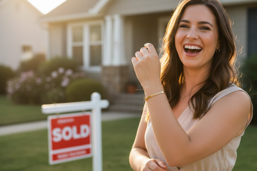 Person wearing gold motivation cuff with a blurred background of a sold house.