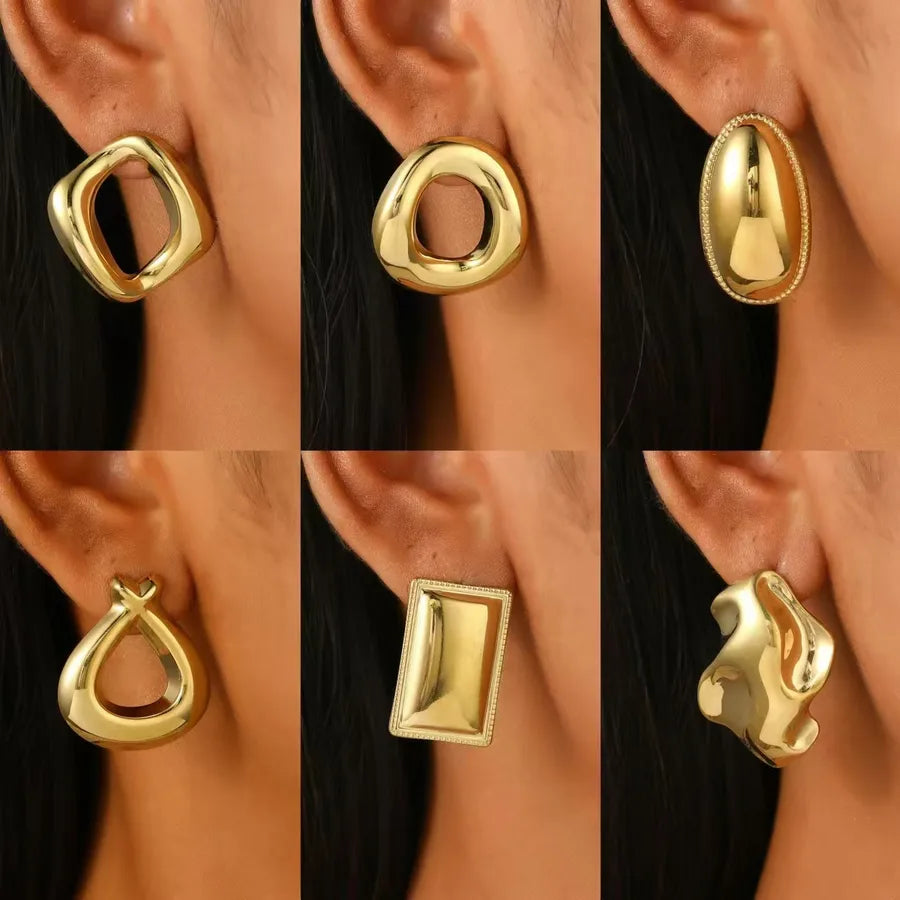 six small photos of different designs of gold earrings displayed on ear