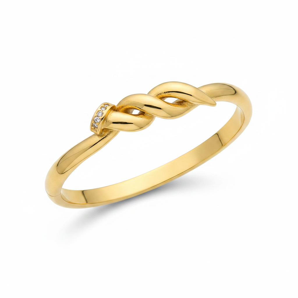 A polished yellow gold ring featuring a twisted knot design with a small inset diamond on the top, shown on a clean white background.